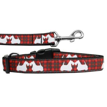 Pet Dog & Cat Nylon Collar or Leash, "Red Plaid Scotty Pups"