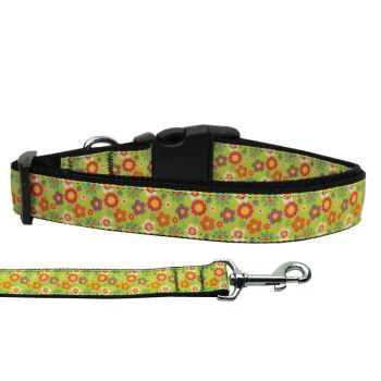 Pet Dog & Cat Nylon Collar or Leash, "Lime Green Spring Flowers"