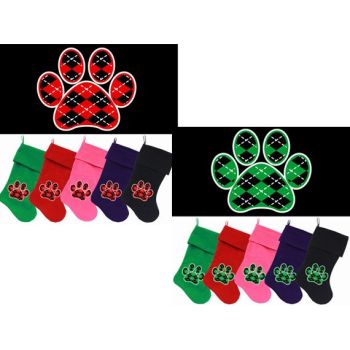 Velvet Christmas Stocking Screen Printed, "Argyle Paw"