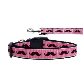 Pet Dog & Cat Nylon Collar or Leash, "Pink Striped Moustache"